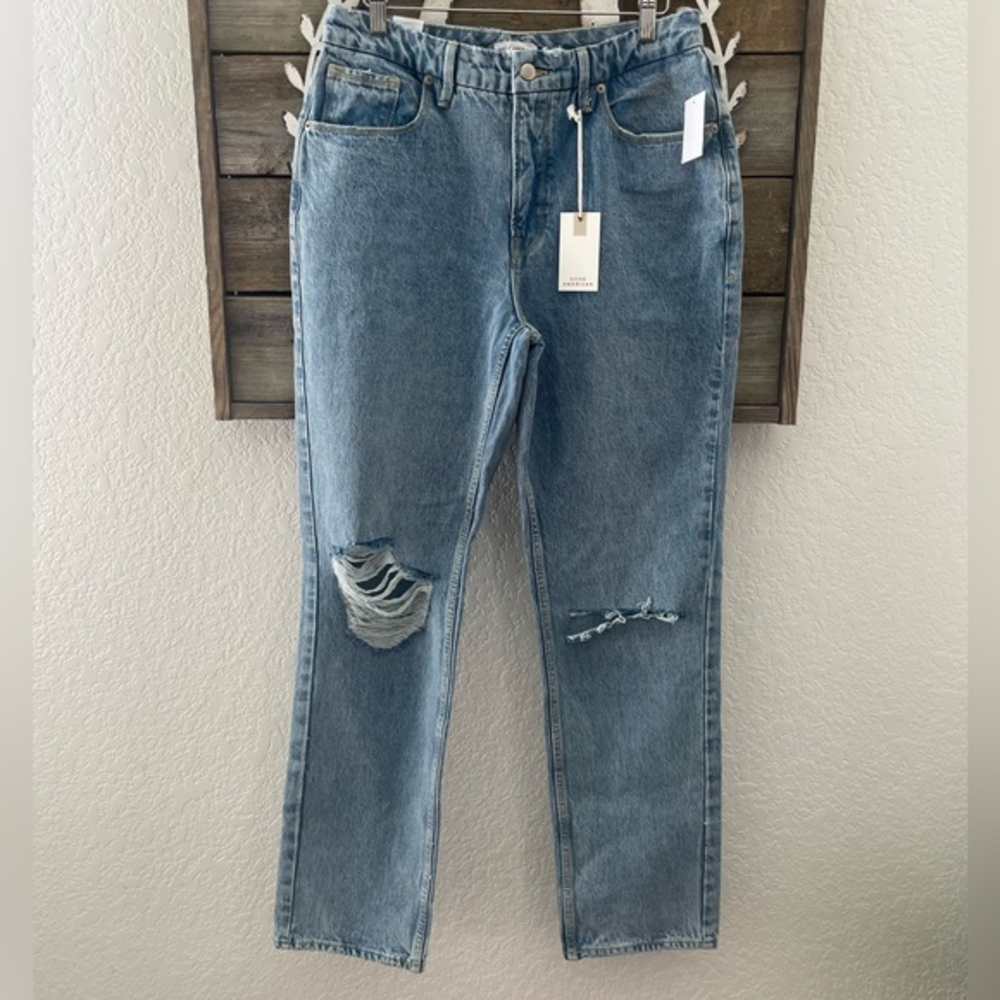 Good American 90’s Icon light wash distressed cotton denim jeans 31 12 NWT